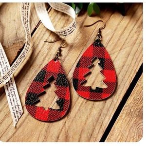 Leather plaid Christmas tree earrings